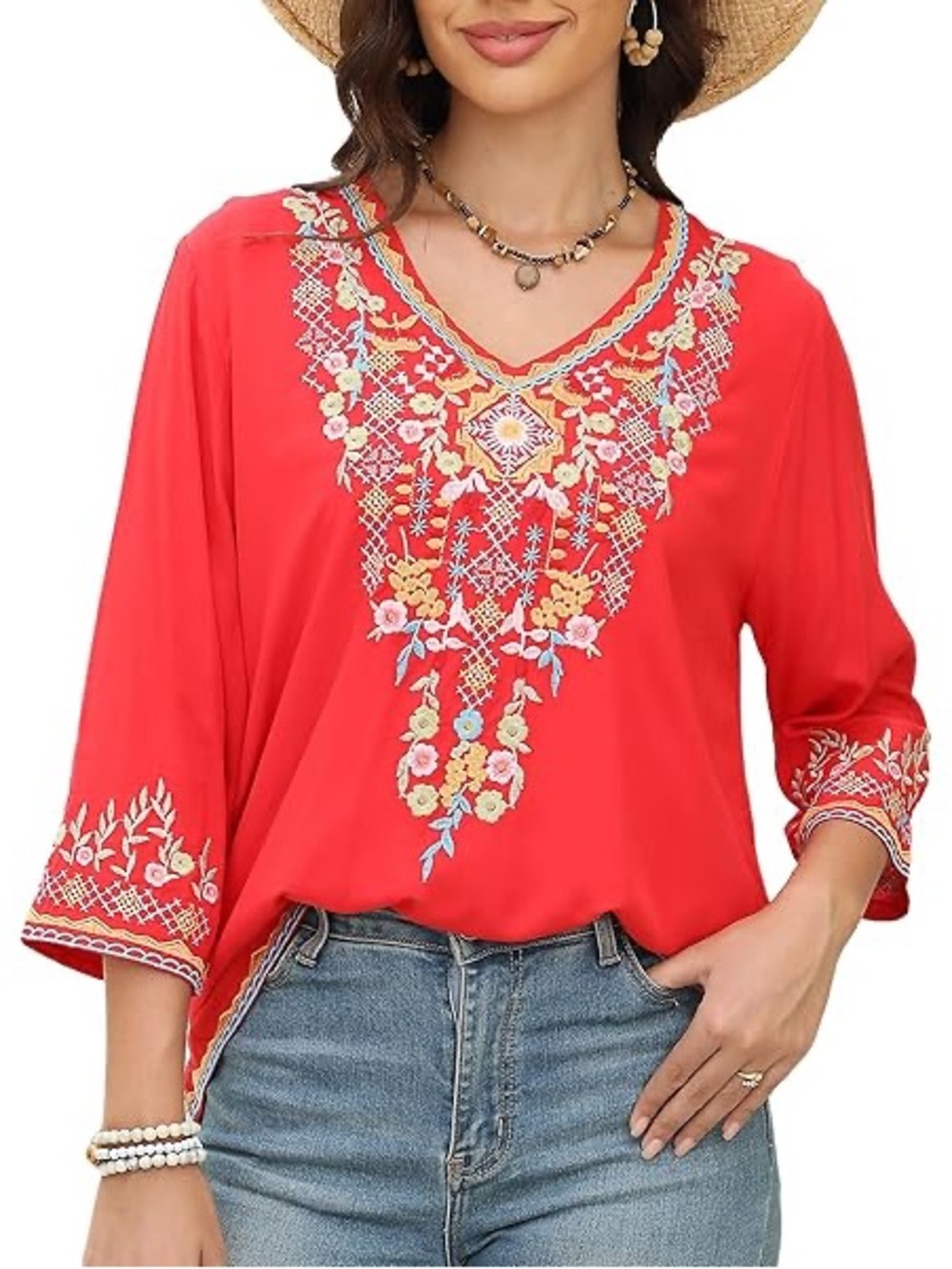 Amazon Red Embroidered V-Neck Women’s Top Size 2XL